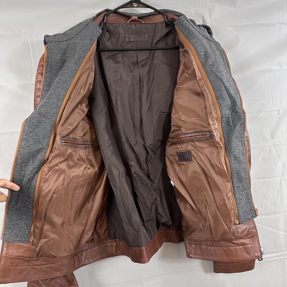 Gian Mori Leather Jacket Mens 3XL Sheepskin Moto Quilted Hooded Brown Zip Biker - Picture 4 of 16